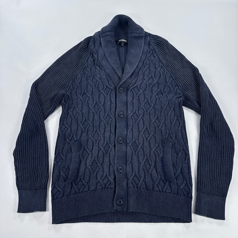 Express Mens Cardigan Medium Navy Blue Shawl Collar Cable Knit Button Up